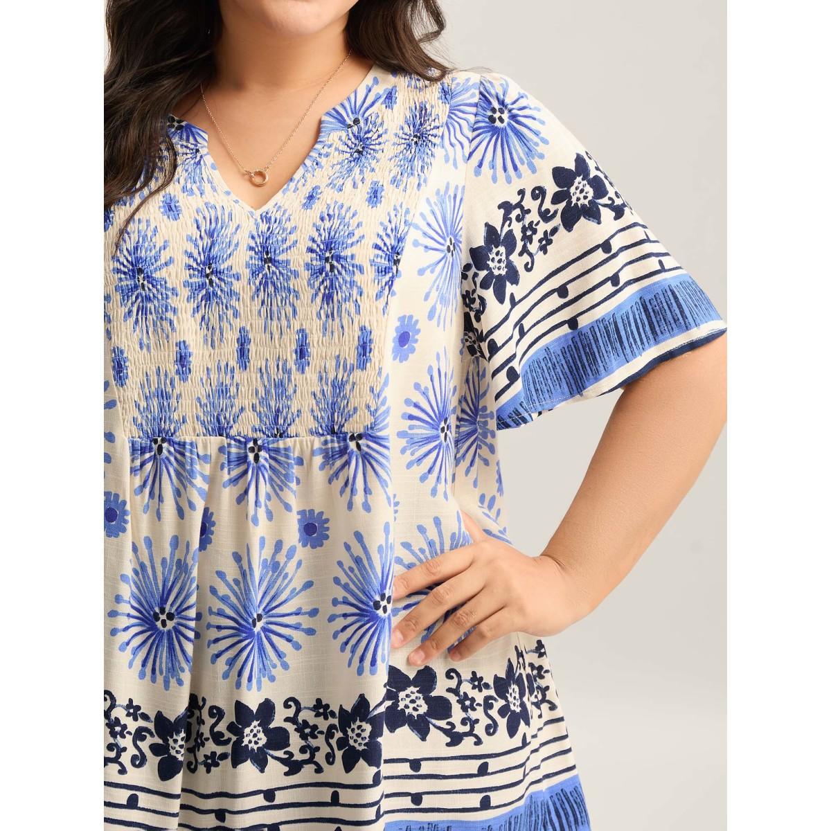Plus Size Skyblue Floral Symphony Print Split Neck Blouse Women Short sleeve Notched collar Vacation Blouses BloomChic 22-24/3X Product Image