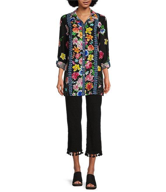 John Mark Floral Point Collar Long Roll-Tab Sleeve Button-Front Tunic Product Image
