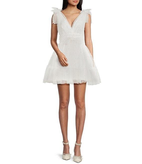 B. Darlin Wide Bow Straps V-Neckline Pearls Party Skirt Dress Product Image