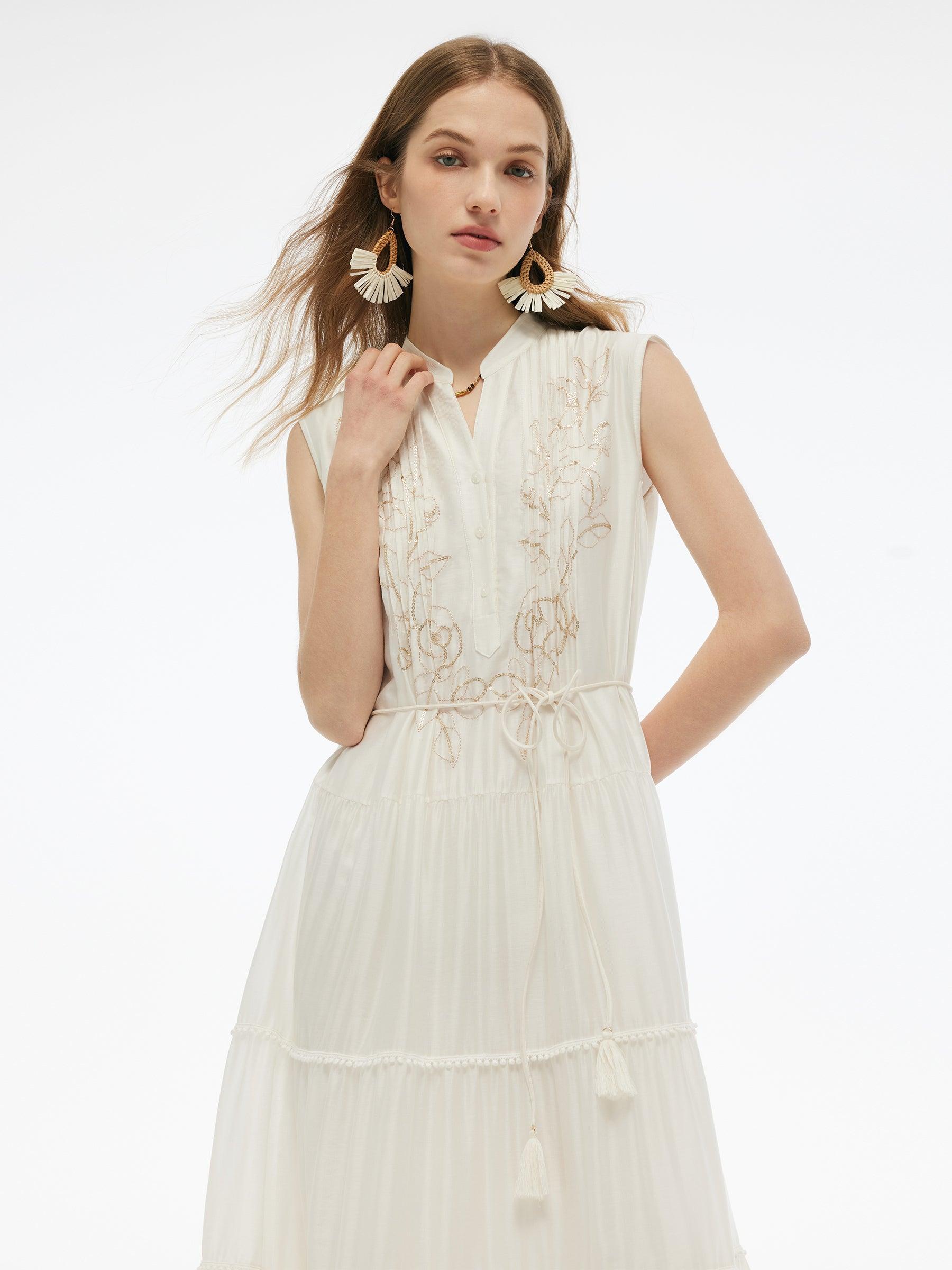 Tencel Blend Embroidered Women Maxi Vest Dress With Tie String Belt Product Image