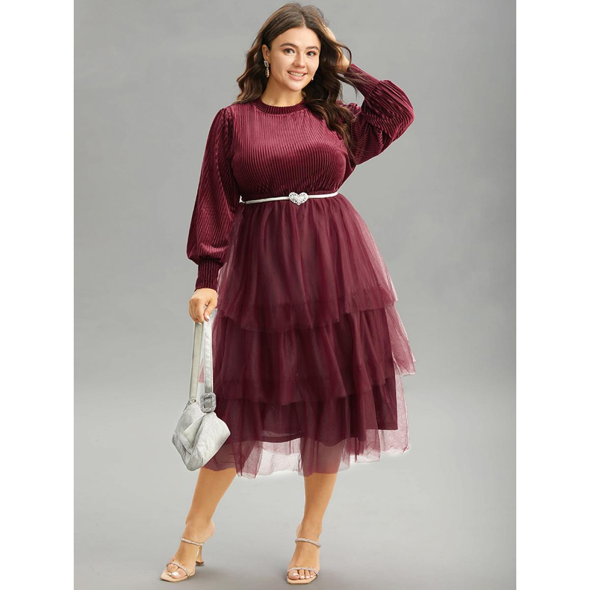 Plus Size Velvet Patchwork Mesh Layered Hem Dress Burgundy Women Glamour Velvet Round Neck Long Sleeve Curvy Midi Dress BloomChic 18-20/2X Product Image