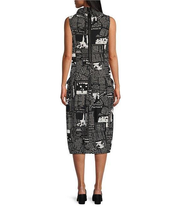 IC Collection Knit Newspaper Print Cowl Mock Neck Sleeveless Balloon Midi Dress Product Image