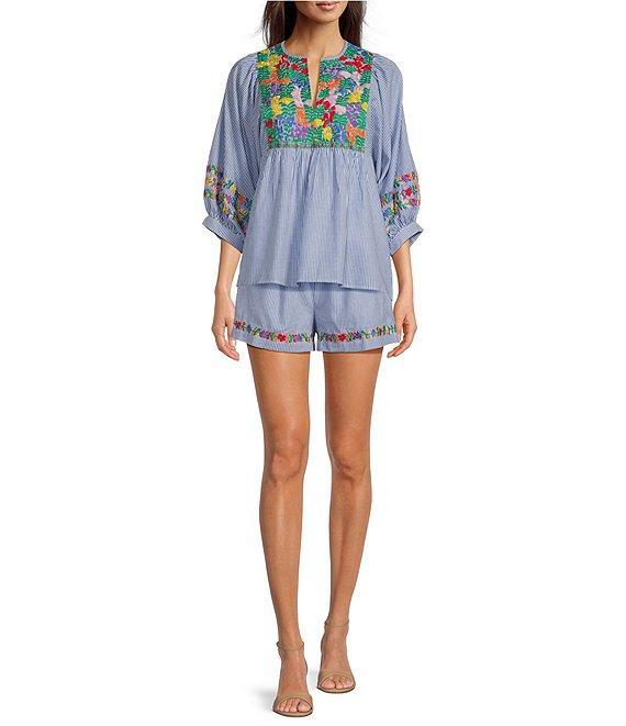 J.Marie Tristen Embroidered Striped Pull-On Coordinating Shorts Product Image