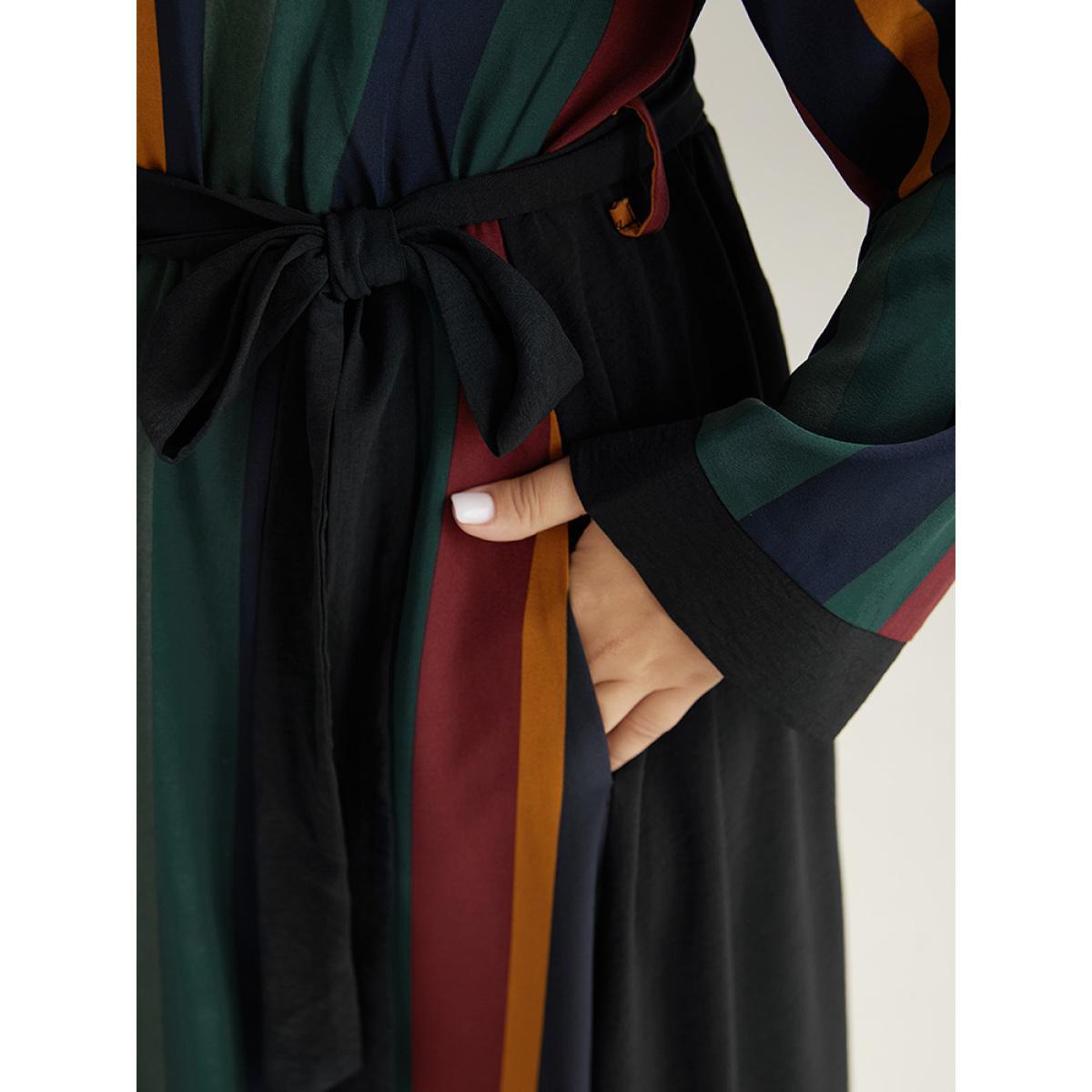 Plus Size Striped Pocket Patchwork Belted Elastic Waist Dress Black Women Office Belted Round Neck Long Sleeve Curvy Midi Dress BloomChic 30/6X Product Image