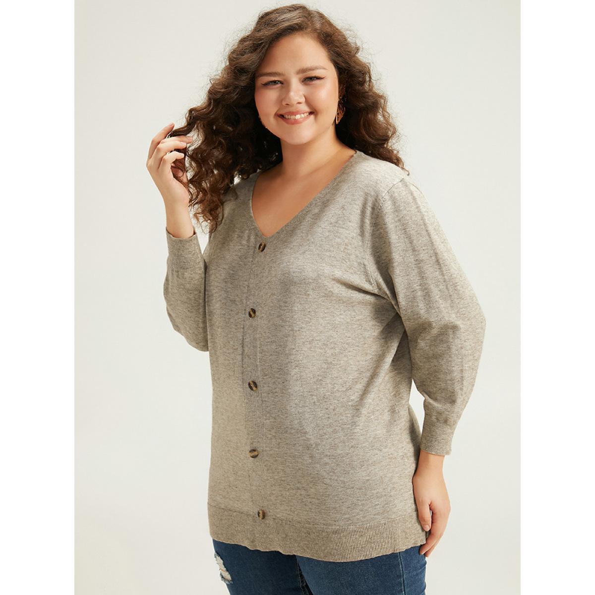 Plus Size Supersoft Essentials Button Detail Solid V Neck Cardigan Champagne Women Casual Elbow-length sleeve Dailywear Cardigans BloomChic 18-20/2X Product Image