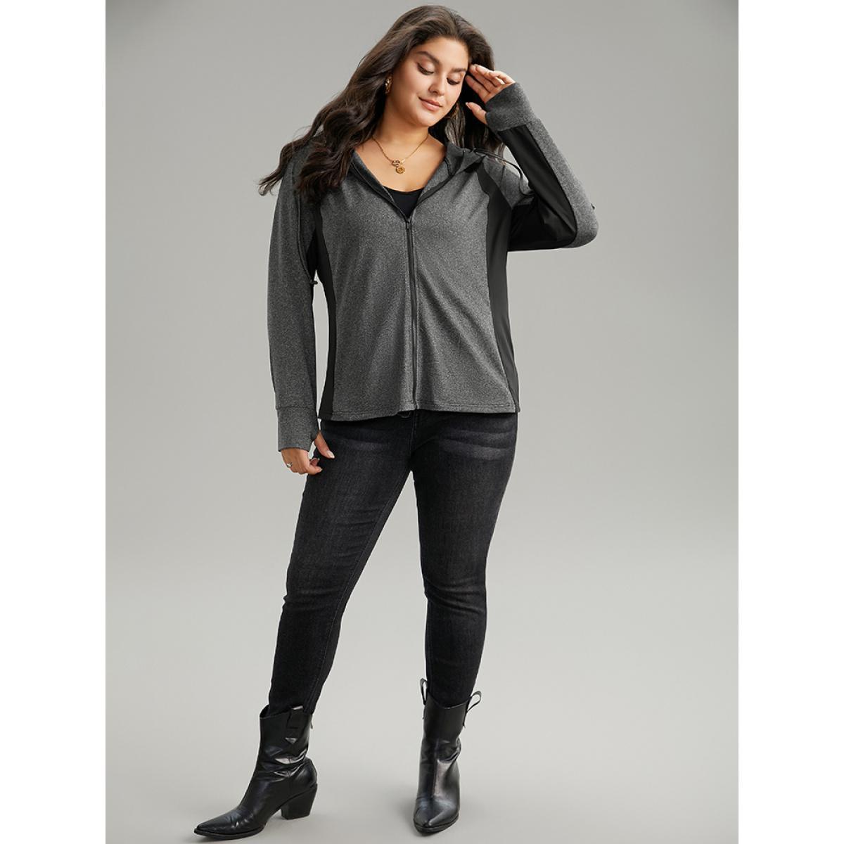 Plus Size Contrast Drawstring Zipper Hooded Jacket Women DimGray Contrast Pocket Dailywear Jackets BloomChic 18-20/2X Product Image