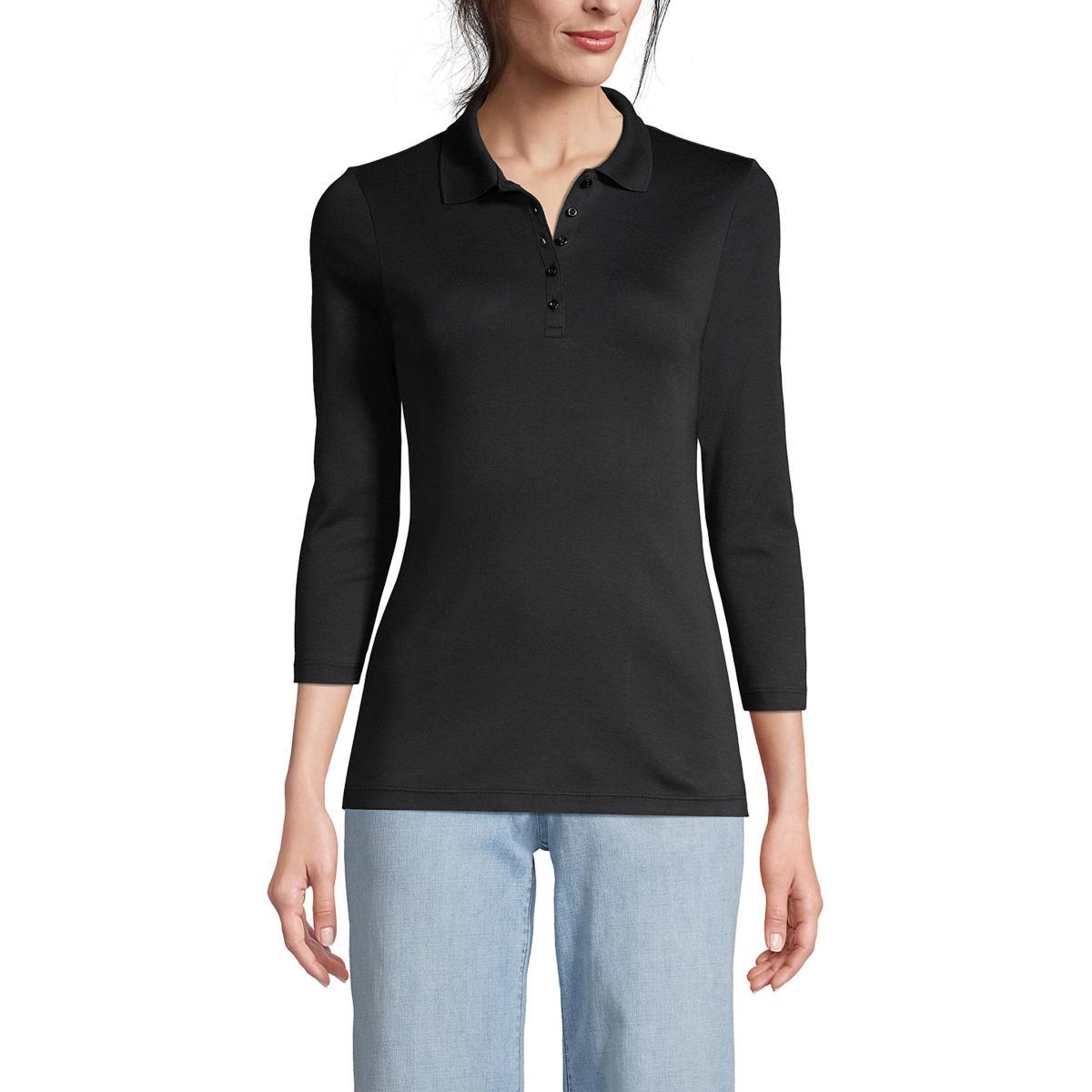Petite Lands End Supima Cotton 3/4 Sleeve Polo Shirt, Womens Deep Blue Product Image