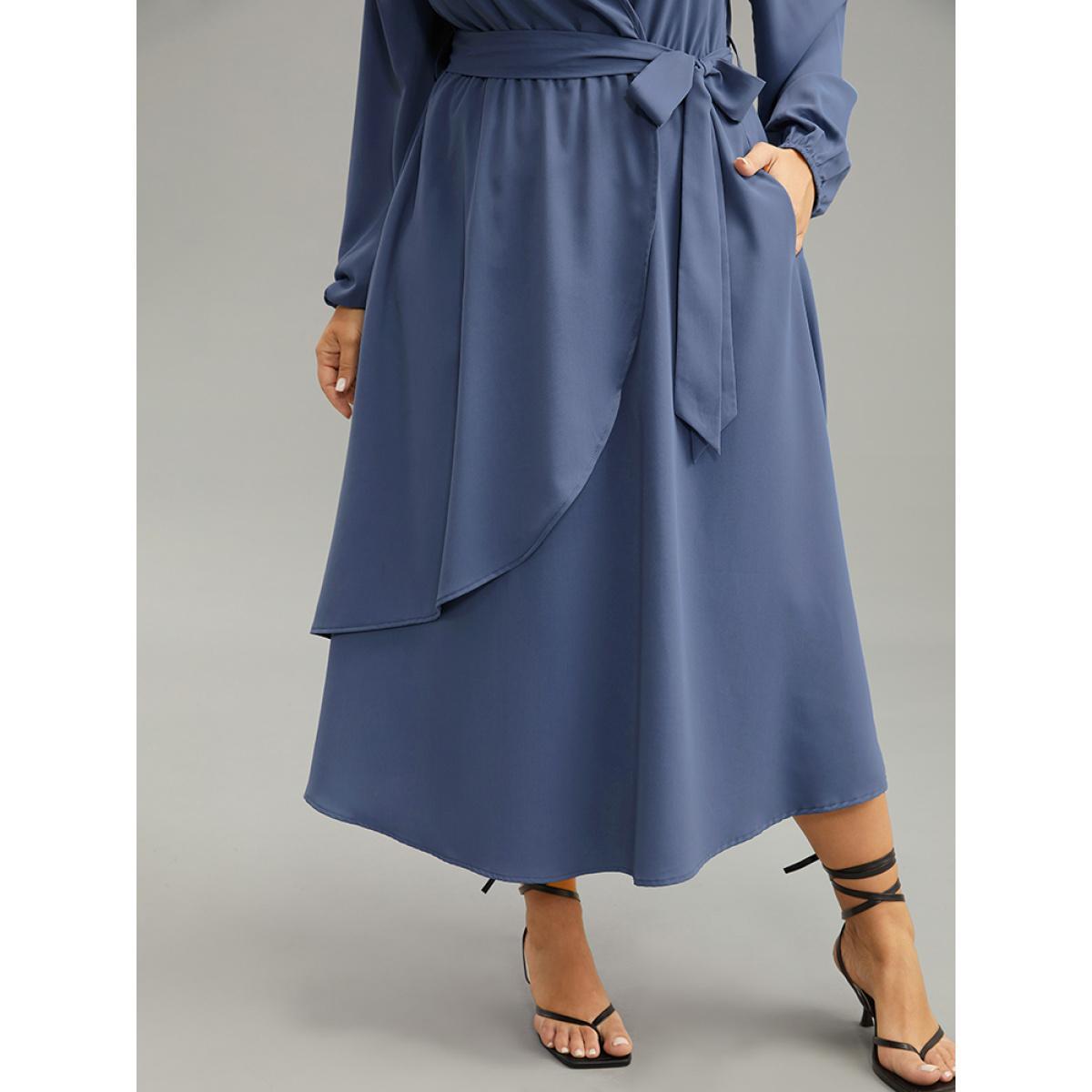 Plus Size Anti-Wrinkle Wrap Layered Belted Dress Stone Women Elegant Plain V-neck Long Sleeve Curvy Midi Dress BloomChic 14-16/1X Product Image