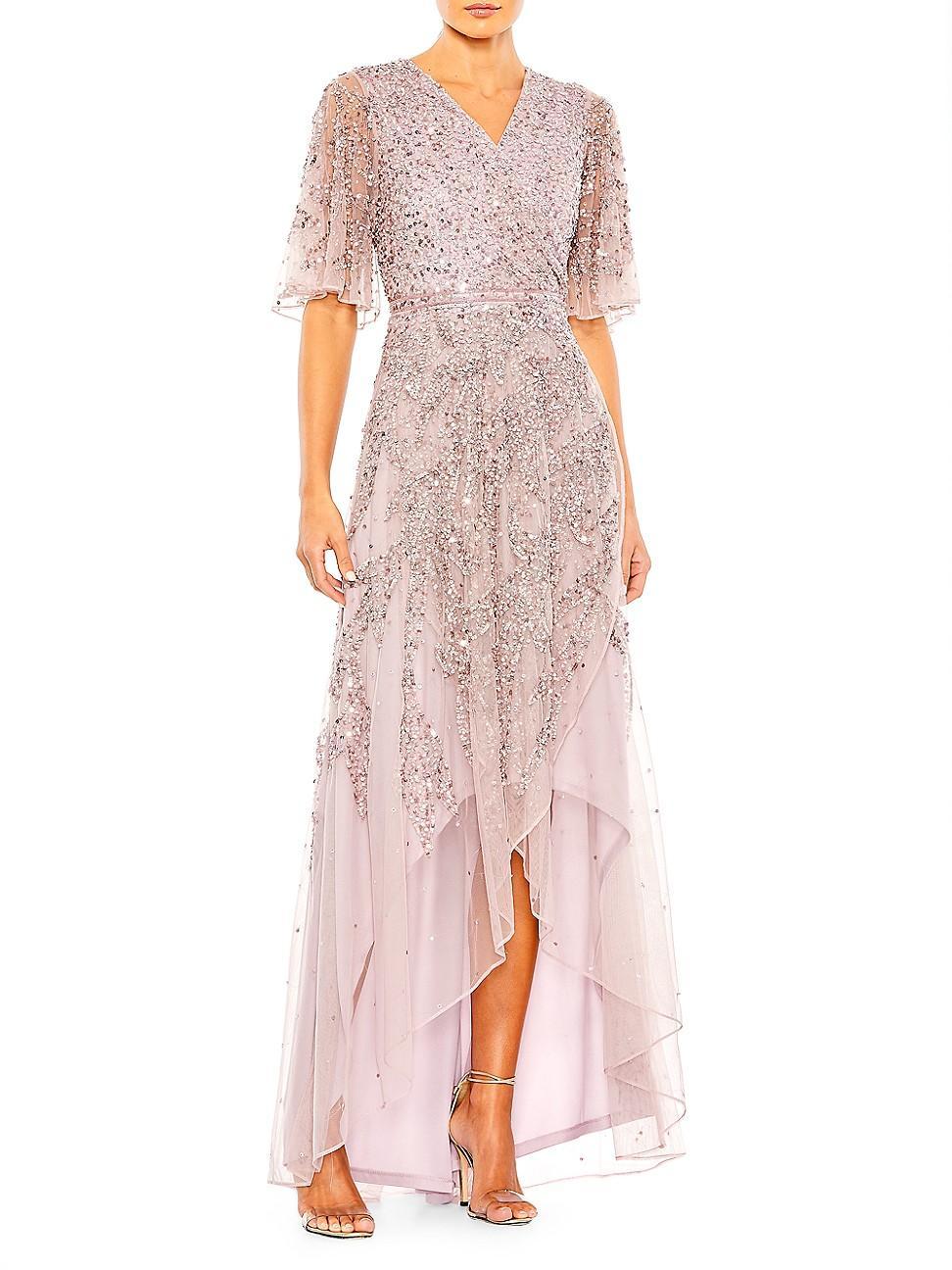 Mac Duggal Beaded Short Flutter Sleeve Surplice V-Neck High-Low Faux Wrap Gown Product Image