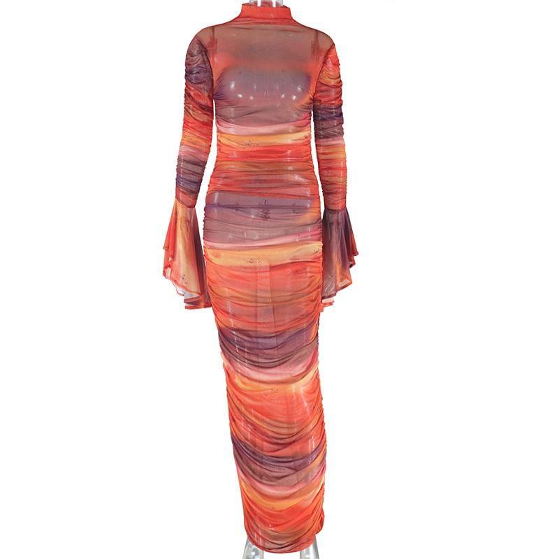 Flared-Sleeve Mock Neck Tie Dye Maxi Sheath Dress Product Image