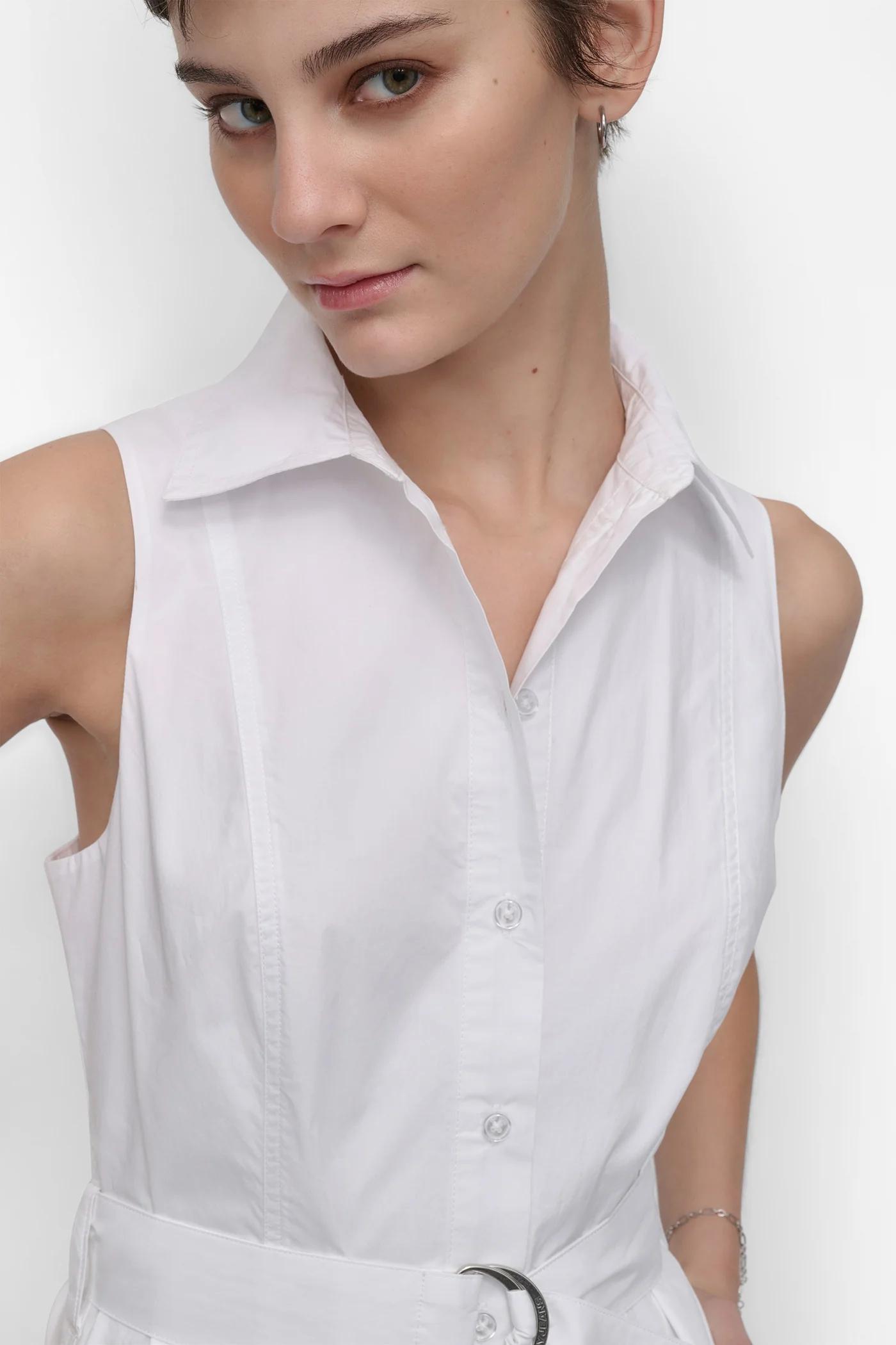 SLEEVELESS BUTTON FRONT POPLIN DRESS WITH SELF BELT Product Image