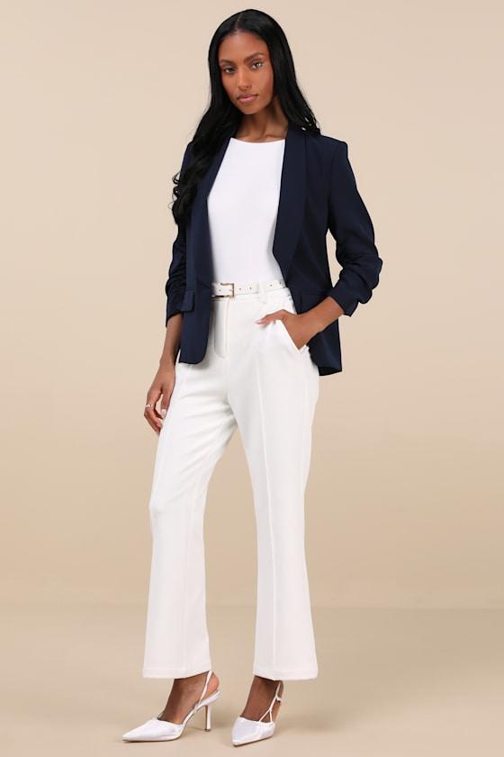 Established Excellence Dark Navy Ruched Blazer Product Image