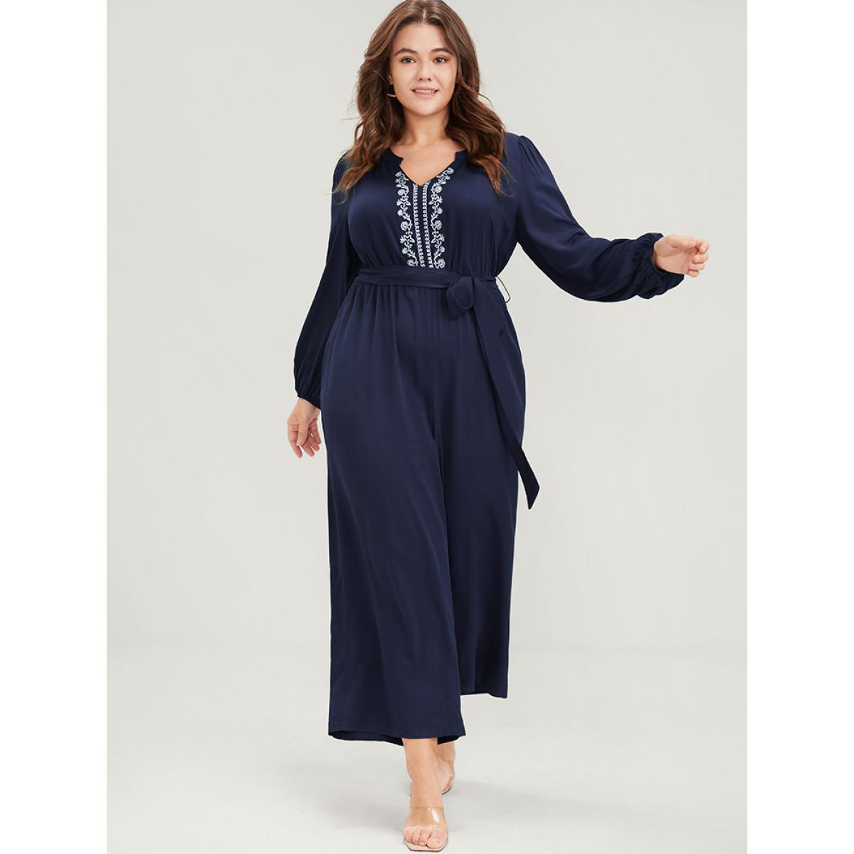 Plus Size DarkBlue Solid V Neck Lantern Sleeve Embroidered Pocket Ties Jumpsuit Women Elegant Long Sleeve V-neck Dailywear Loose Jumpsuits BloomChic 28/5X Product Image