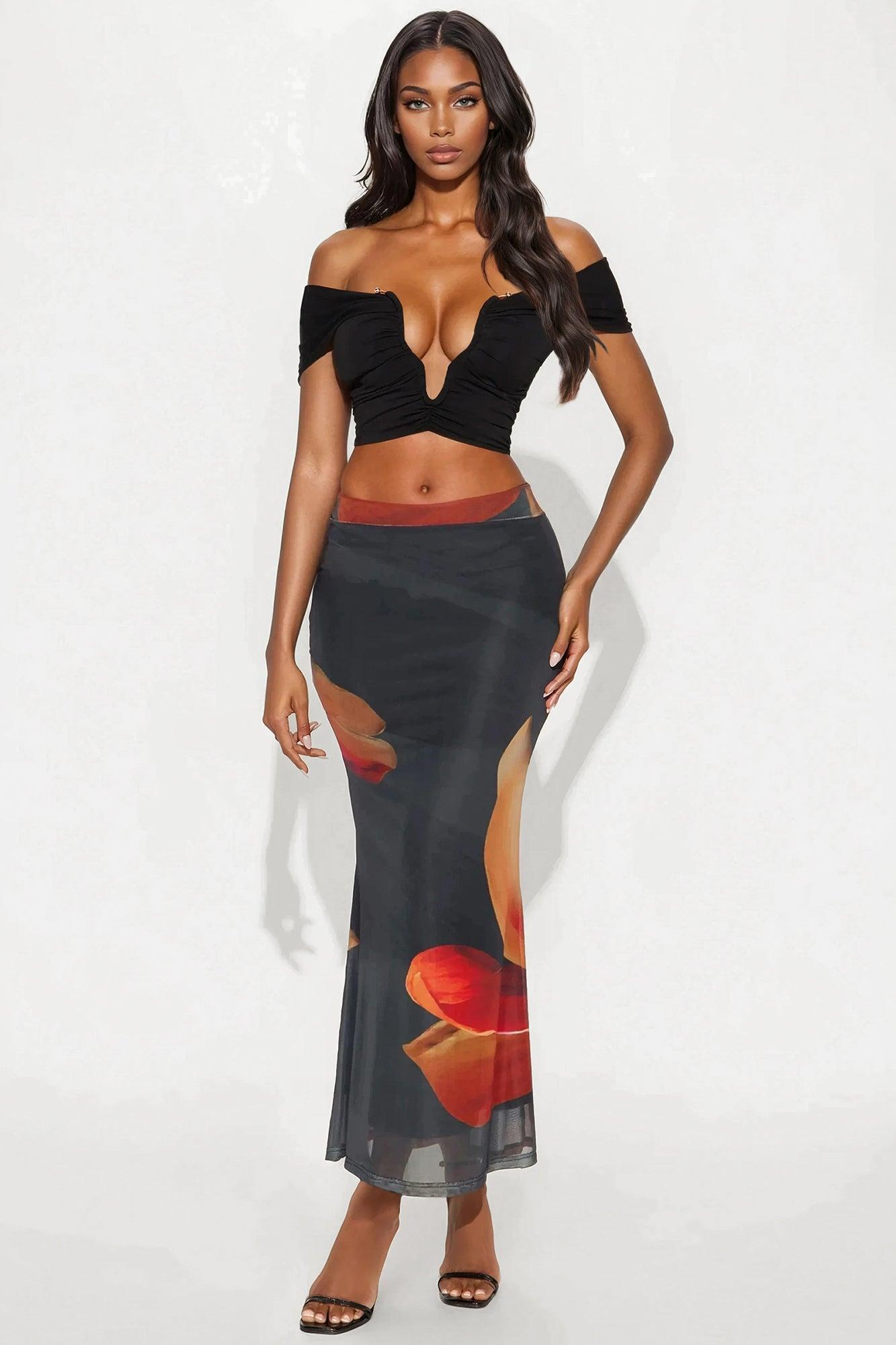 Into The Night Floral Mesh Maxi Skirt - Black/Orange Product Image