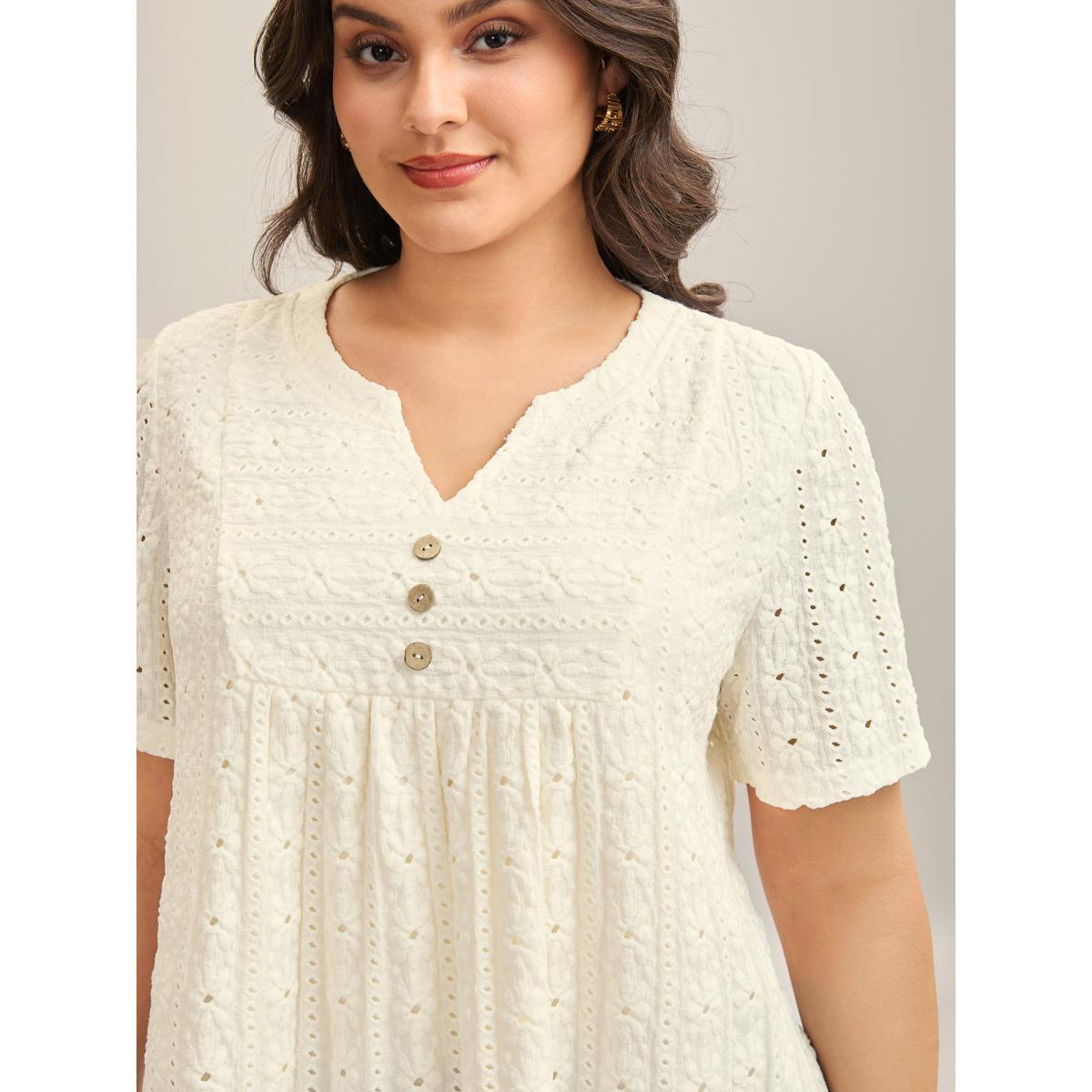 Plus Size Textured Pleated Split Neck T-Shirt WhiteSmoke Women Texture Flat collar with V-notch Everyday-Elegant T-shirts BloomChic 30/6X Product Image