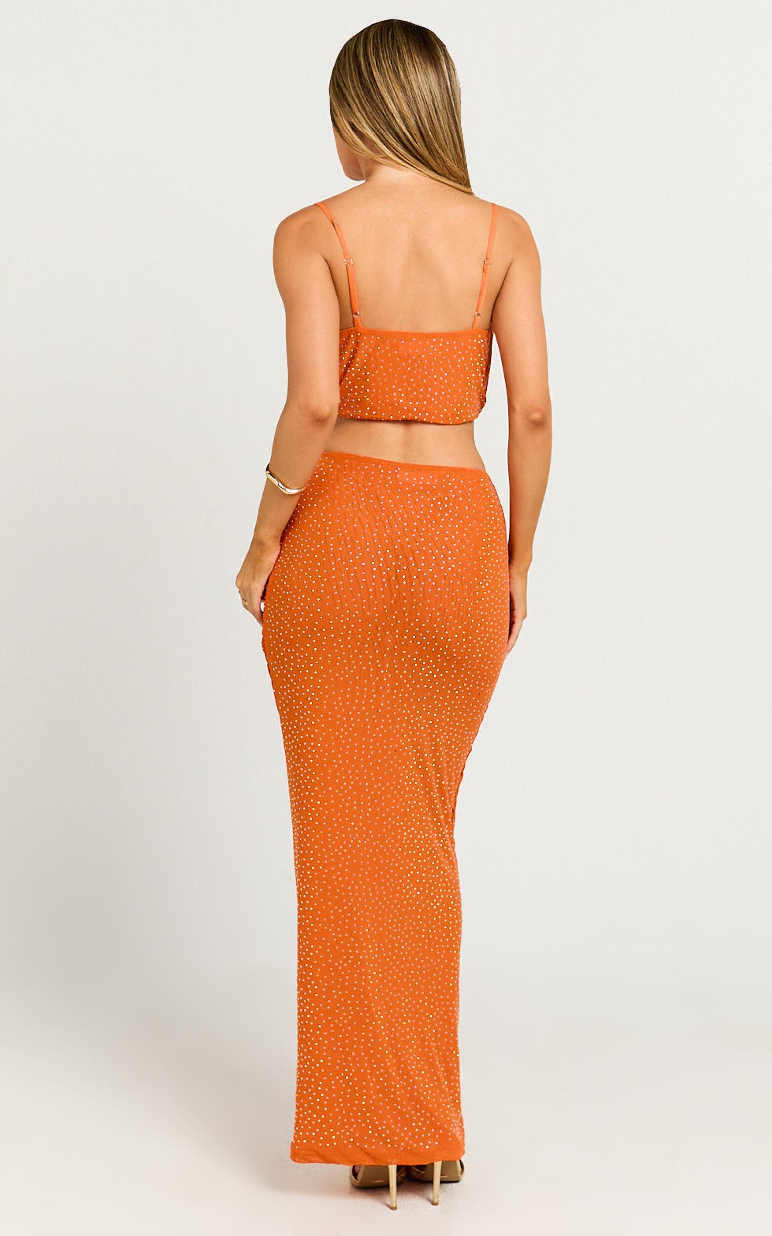 Raphaelle Two Piece Set - Ruched Bodycon Top And Midi Skirt Set in Orange Product Image