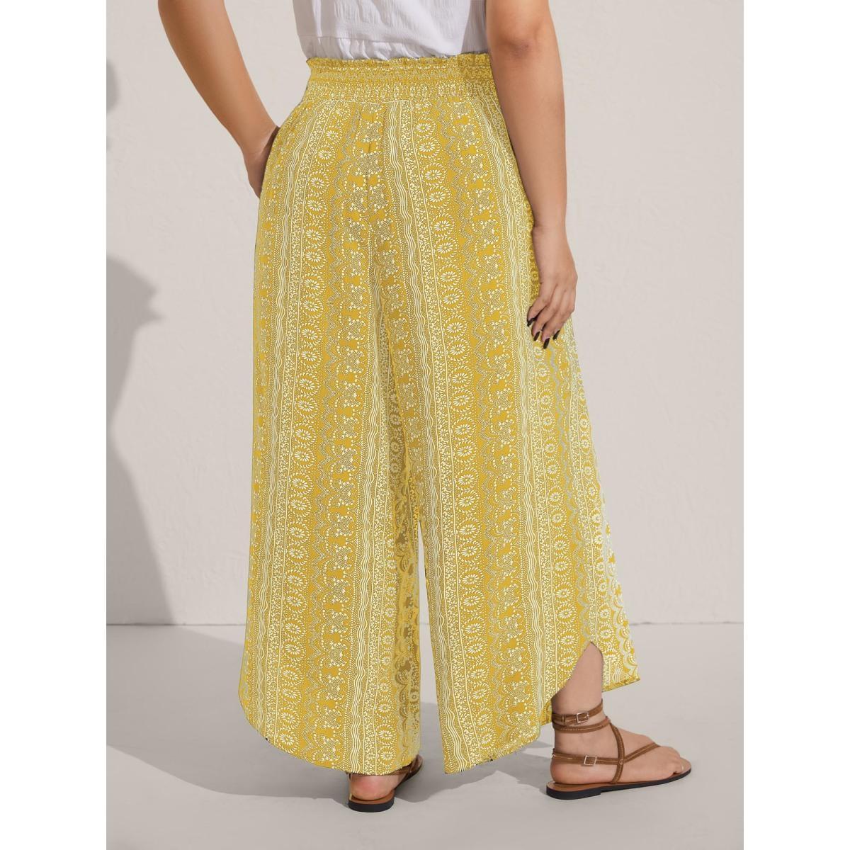 Plus Size Boho Print Shirred Waist Wide-Leg Pants Women Lemonyellow Resort Wide Leg Mid Rise Vacation Pants BloomChic 18-20/2X Product Image