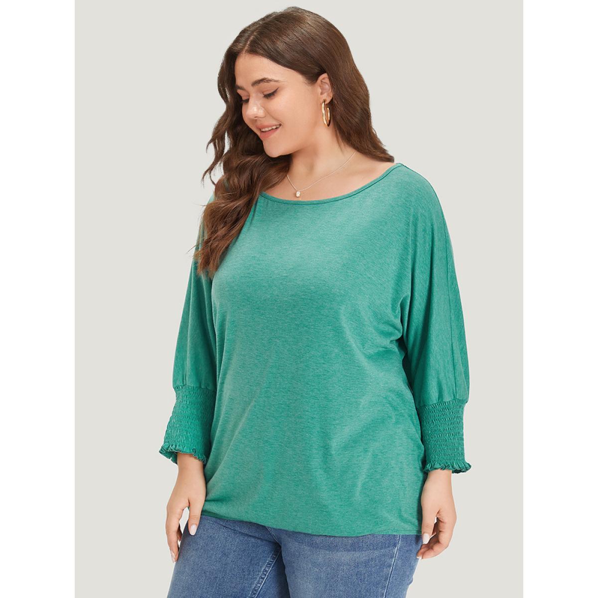 Plus Size Solid Heather Shirred Batwing Sleeve T-shirt Emerald Women Elegant Shirred Plain Round Neck Dailywear T-shirts BloomChic 28/5X Product Image