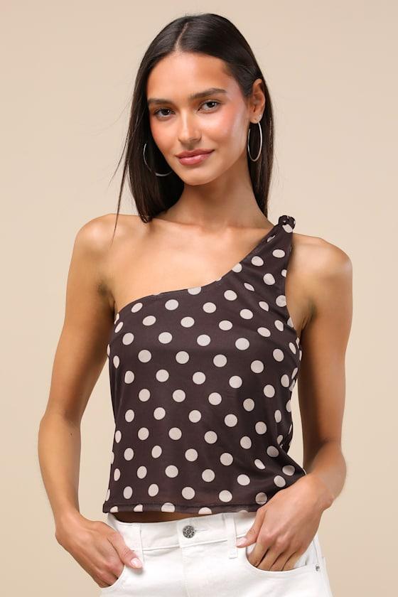 Saskia Chocolate Brown Polka Dot Mesh One-Shoulder Top Product Image