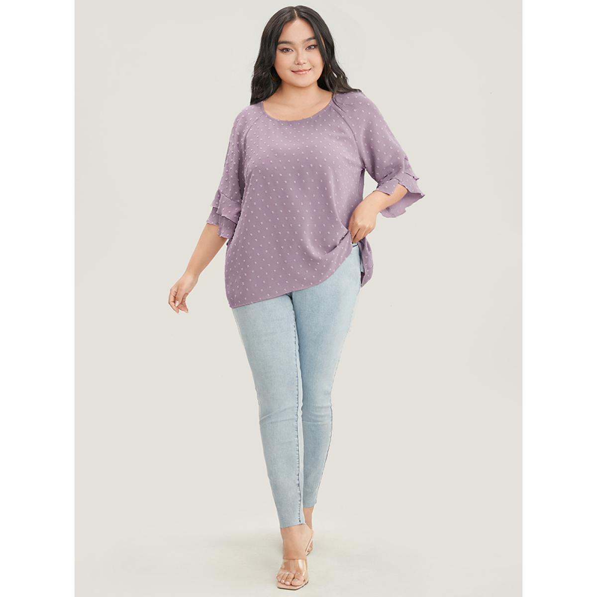 Plus Size Mauve Polka Dot Round Neck Ruffle Sleeve Blouse Women Casual Elbow-length sleeve Round Neck Dailywear Blouses BloomChic 10/M Product Image