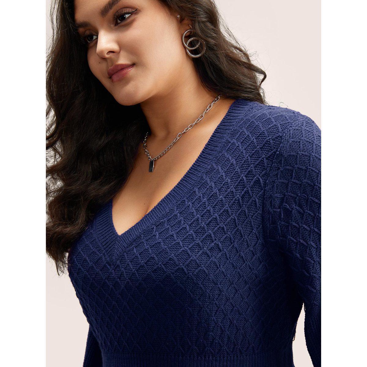 Plus Size Plain Plisse Lantern Sleeve A Line Pullover Indigo Women Elegant Long Sleeve V-neck Everyday Pullovers BloomChic 22-24/3X Product Image