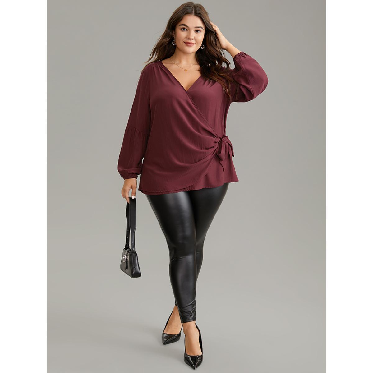 Plus Size Burgundy Supersoft Essentials Solid Wrap Gathered Ties Blouse Women Work From Home Long Sleeve Overlap Collar Work Blouses BloomChic 12/L Product Image