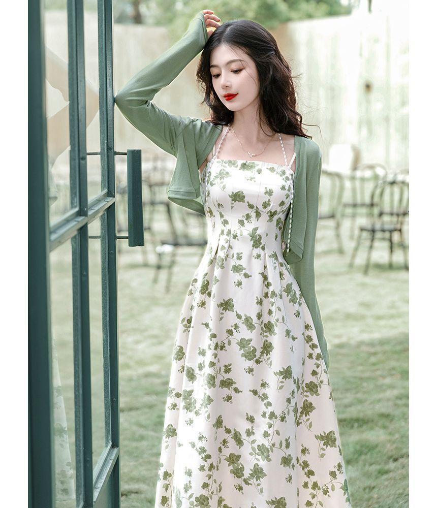 Spaghetti Strap Floral Maxi A-Line Dress / Crop Cardigan / Set Product Image