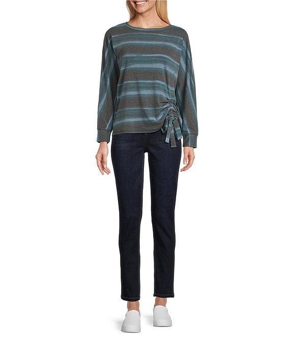 Westbound Knit Ocean Stripe Long Sleeve Crew Neck Ruched Shirt Product Image
