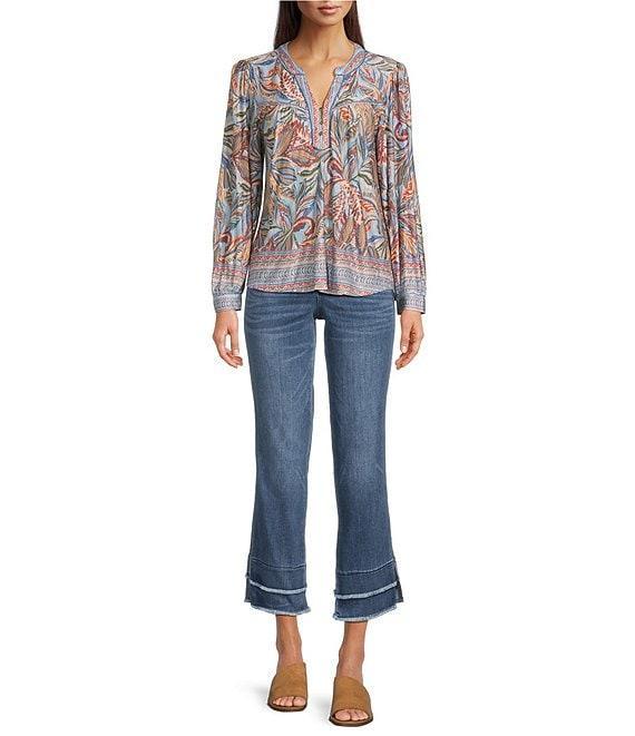 Democracy Petite Size Stretch Kick Flare Double Layer Fray Hem Crop Jeans Product Image