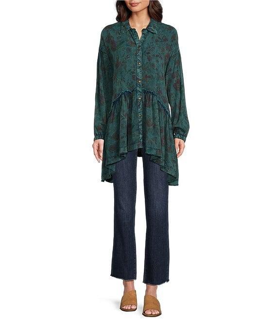 Tru Luxe Jeans Print Vintage Wash Button Up Peplum Top Product Image