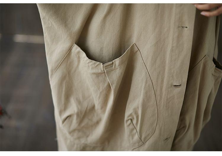 Plain Hooded Button-Up Long Trench Coat Product Image
