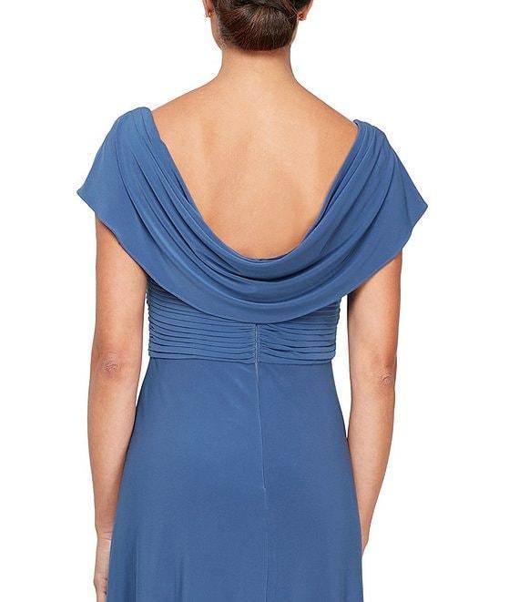 Alex Evenings Matte Jersey Cowl Neck Drape Back Detail Short Sleeve Side Embellishment Pleated Thigh High Slit Long Gown Product Image