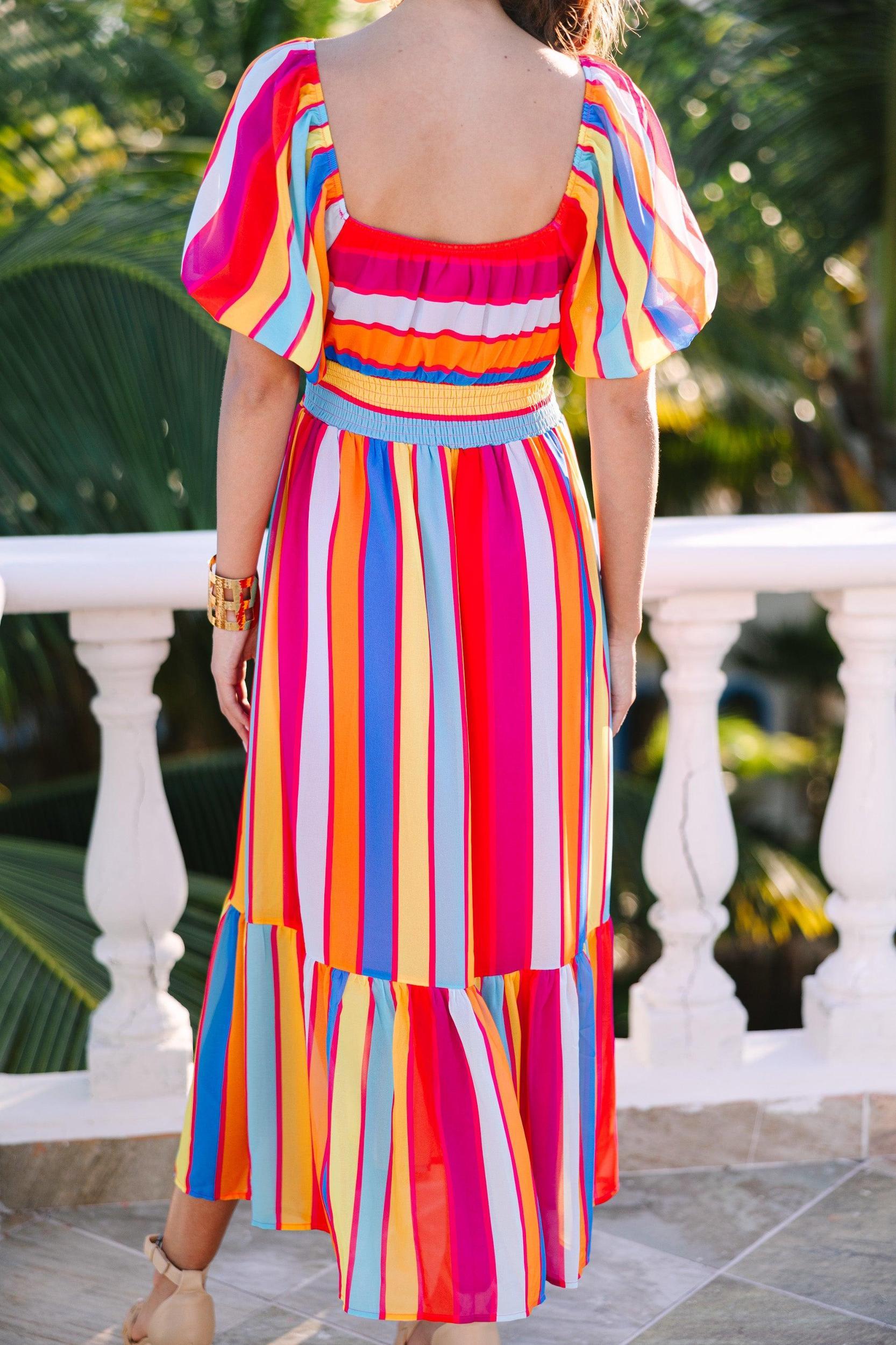 Dance The Night Away Red Rainbow Striped Midi Dress Female Product Image