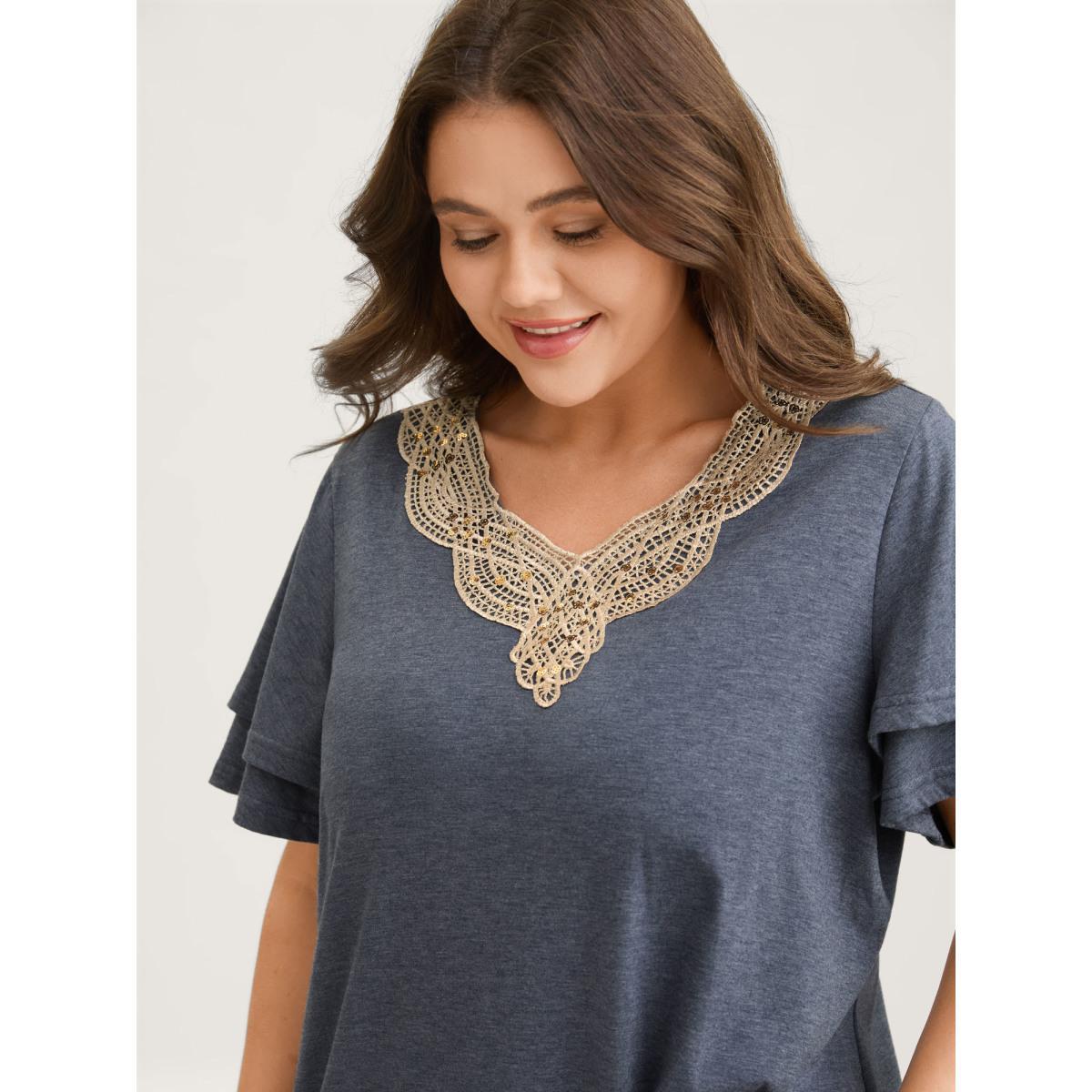 Plus Size Layered Sleeve Lace Neck Solid T-Shirt Stone Women Woven ribbon&lace trim V-neck Everyday-Casual T-shirts BloomChic 28/5X Product Image