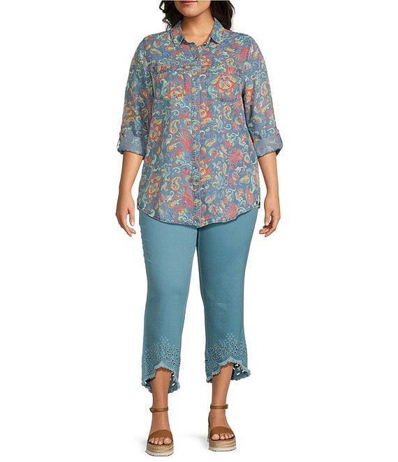 Intro Plus Size Size Straight Leg Tulip Eyelet Embroidered Frayed Hem Pull-On Ankle Pants Product Image