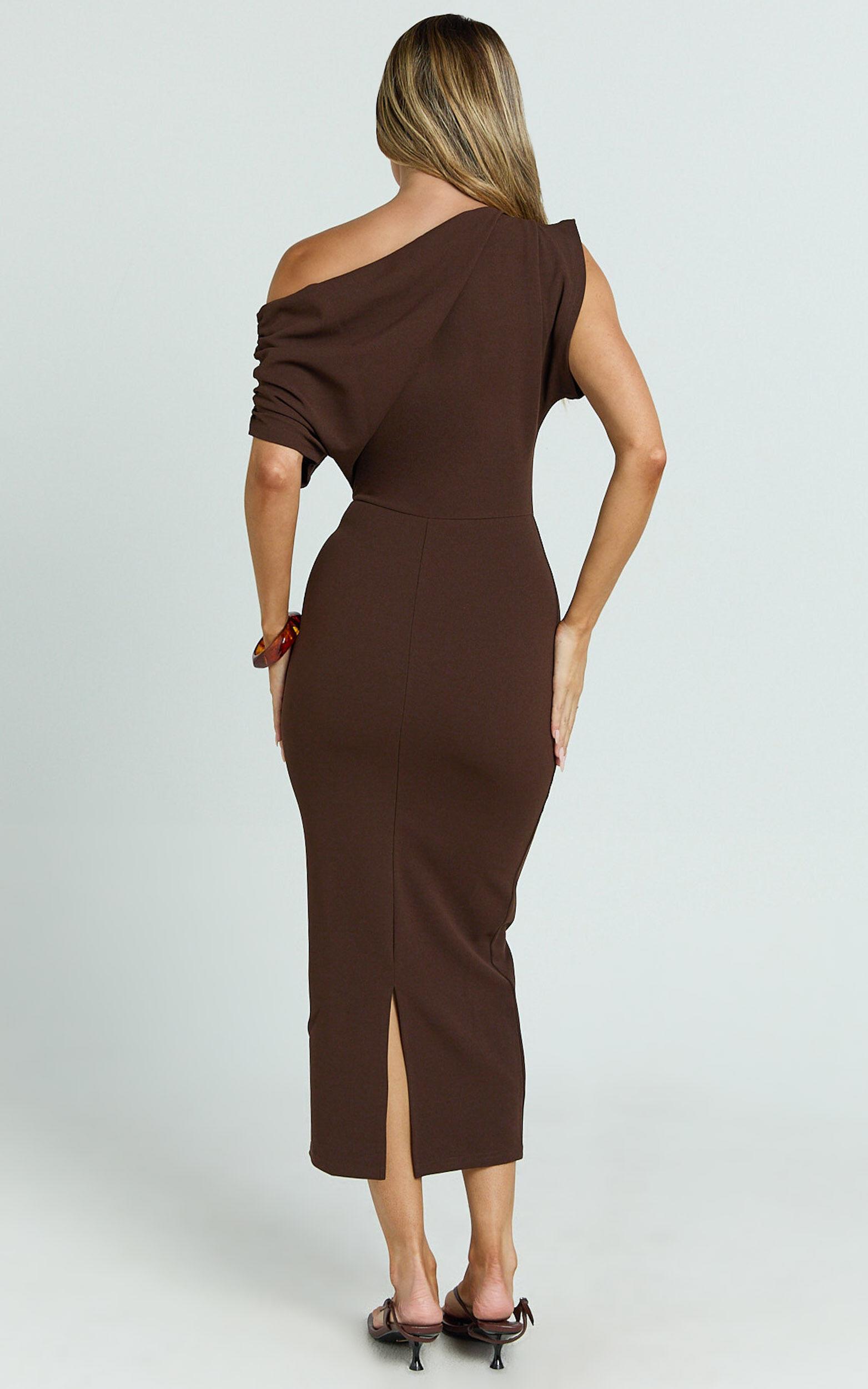 Nalfie Midi Dress - Tipped Shoulder Jersey Drape Dress in Chocolate Product Image