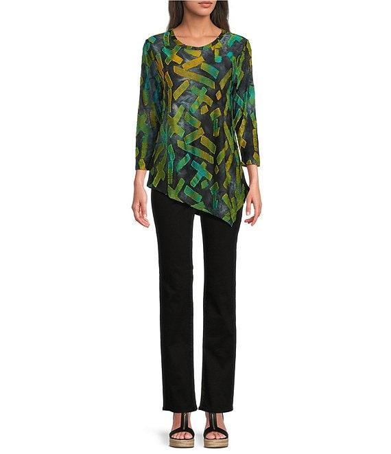 Calessa Petite Size Burnout Tie-Dye Crew Neck Long Sleeve Asymmetric Tunic Product Image