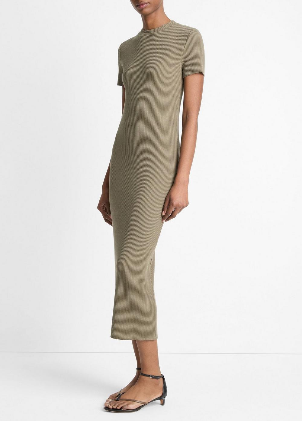 Womens Ribbed Cotton-Blend Crew Neck Dress, Off White, Size S Vince Product Image