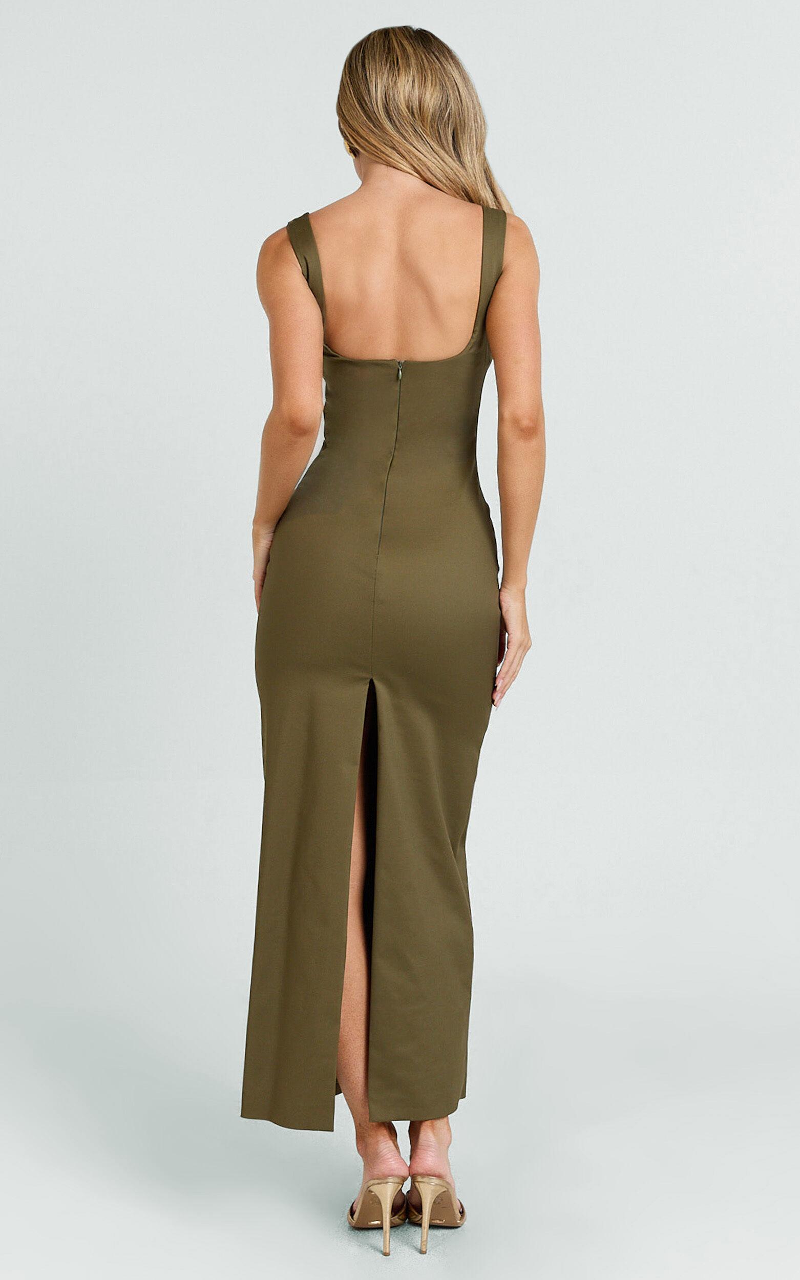 Benita Midi Dress - Scoop Neck Ruched Fitted Dress in Olive Product Image