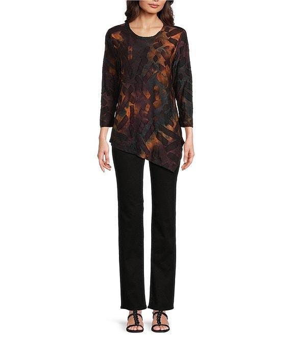 Calessa Petite Size Burnout Tie-Dye Crew Neck 3/4 Sleeve Asymmetric Tunic Product Image