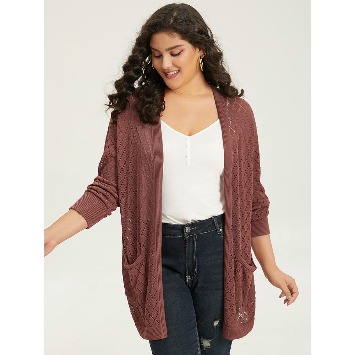 Plus Size Plain Geometric Hollow Out Pocket Cardigan Rust Women Casual Loose Long Sleeve Everyday Cardigans BloomChic 30/6X Product Image