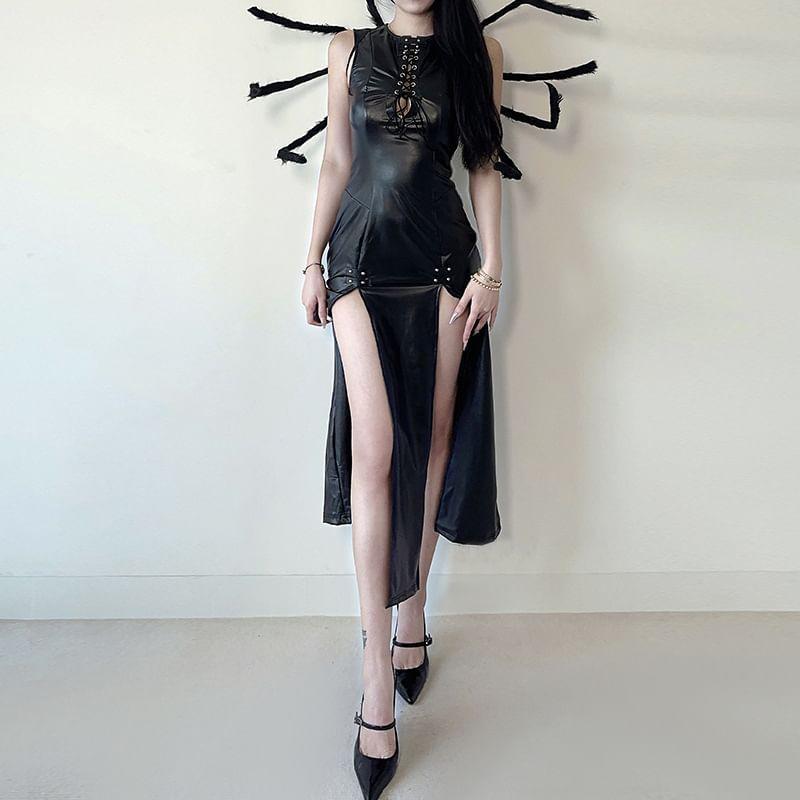 Sleeveless Slit Hem Cutout Midi A-Line Dress Product Image