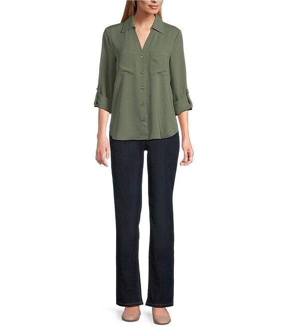 Jones New York Crepe Point Collar Roll Tab Button Front Top Product Image