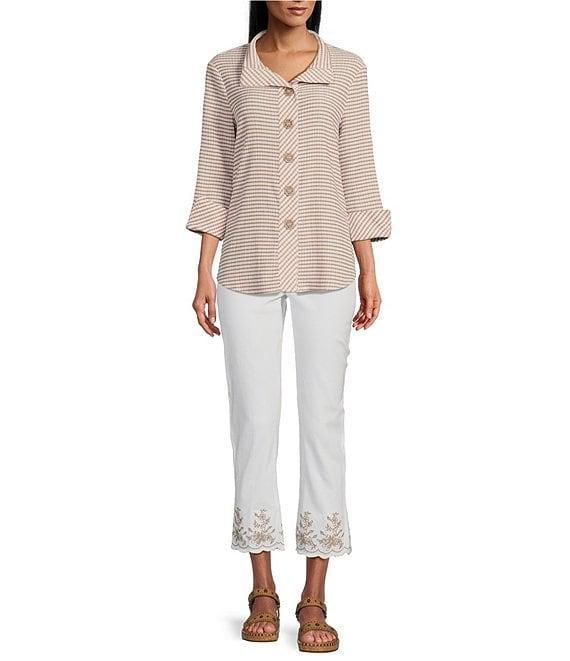 Multiples Crinkle Woven Printed Wire Neck 3/4 Turn-Up Sleeve Button-Front Shirt Product Image