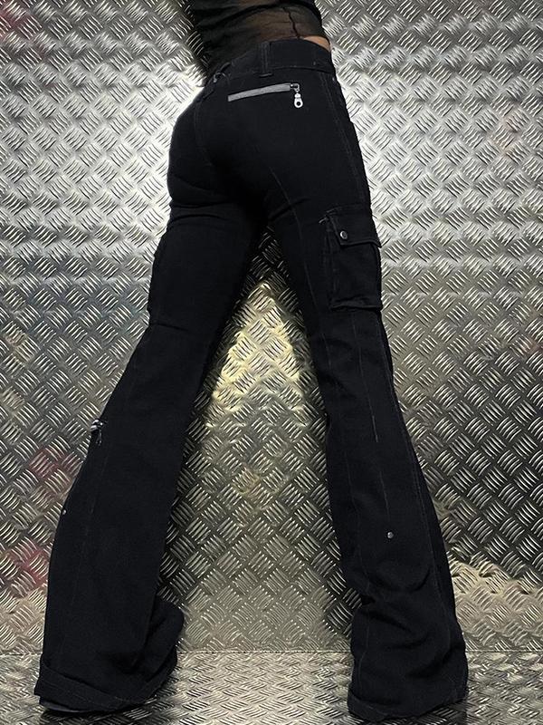 Street Dark Biker Style Flare Jeans Product Image