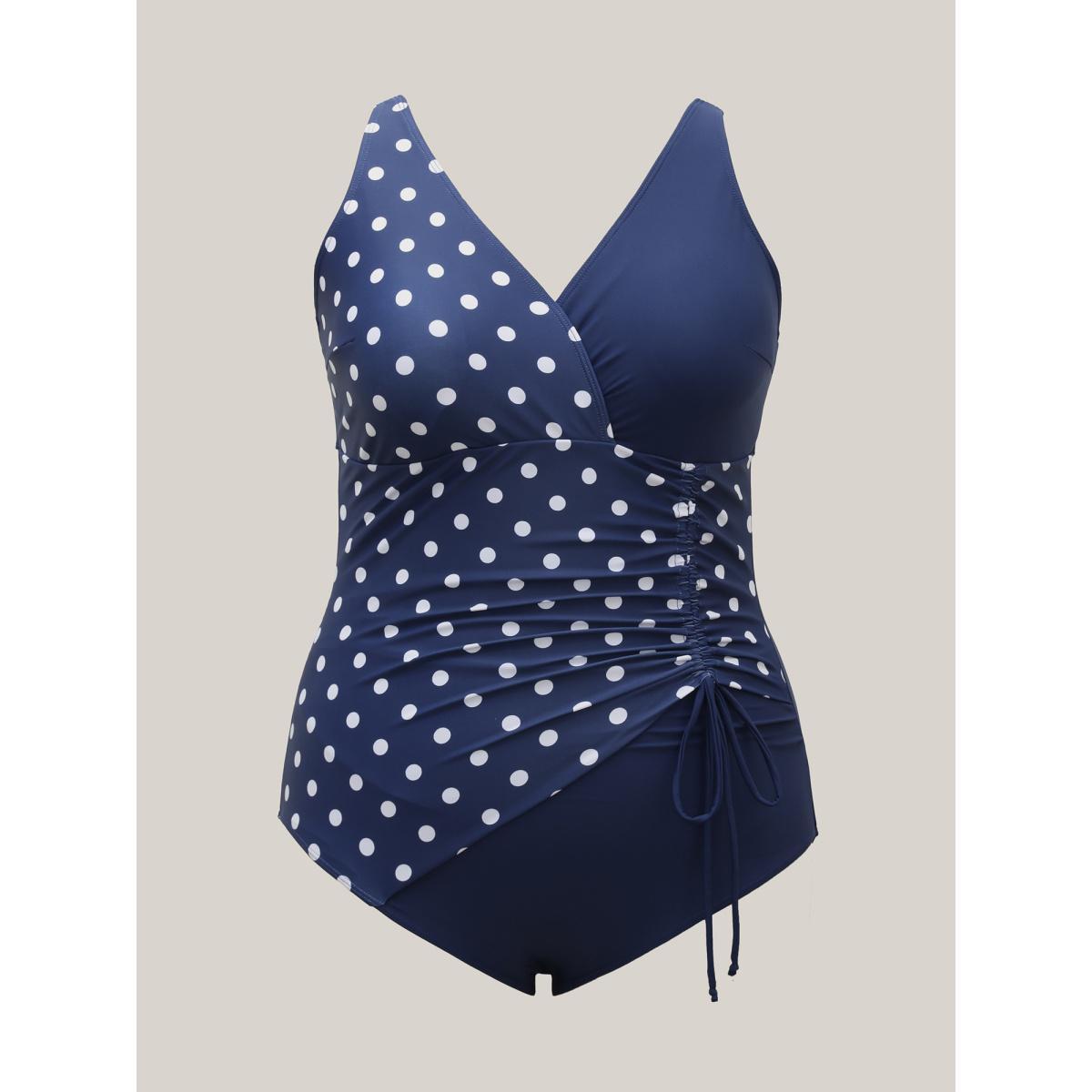 Plus Size Polka Dots Contrast Drawstring One-Piece Swimsuit Women's Swimwear Indigo Beach Gathered Curve Bathing Suits High stretch One Pieces BloomChic 26/4X Product Image