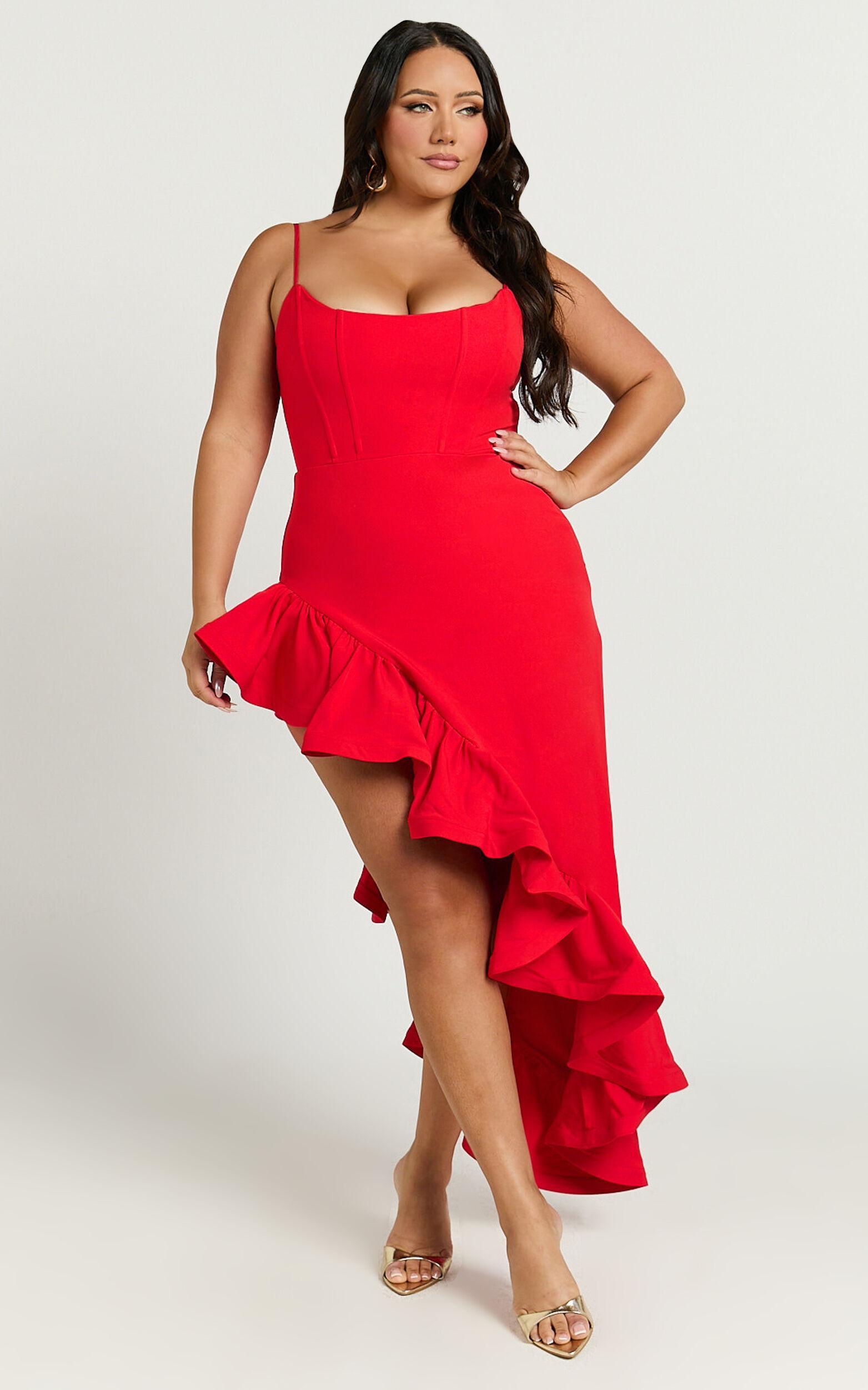 Maura Maxi Dress - Scoop Neckline Ruffle High Low Dress in Red Product Image