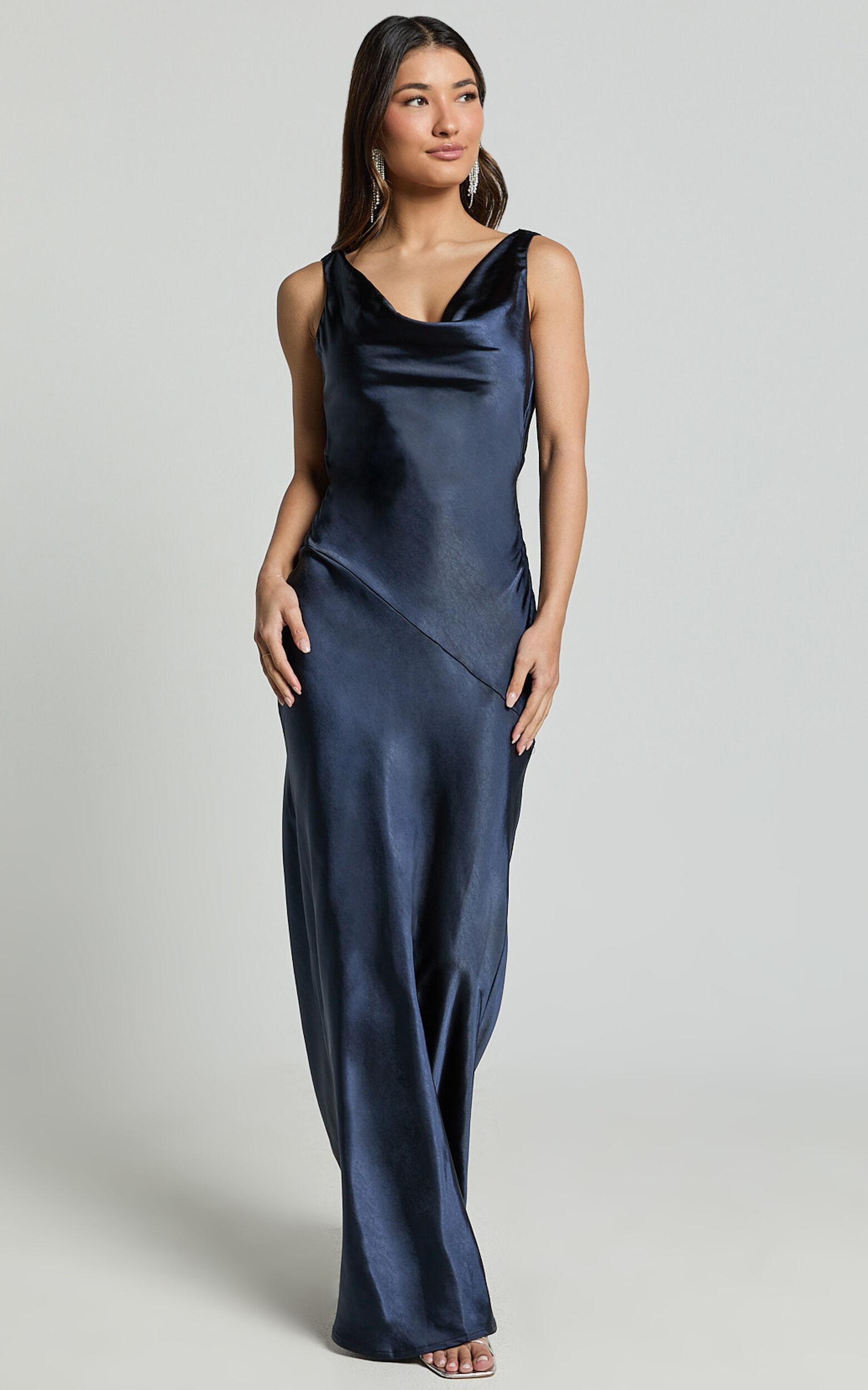 Adilah Maxi Dress - Cowl Neck Satin Dress in Navy Product Image