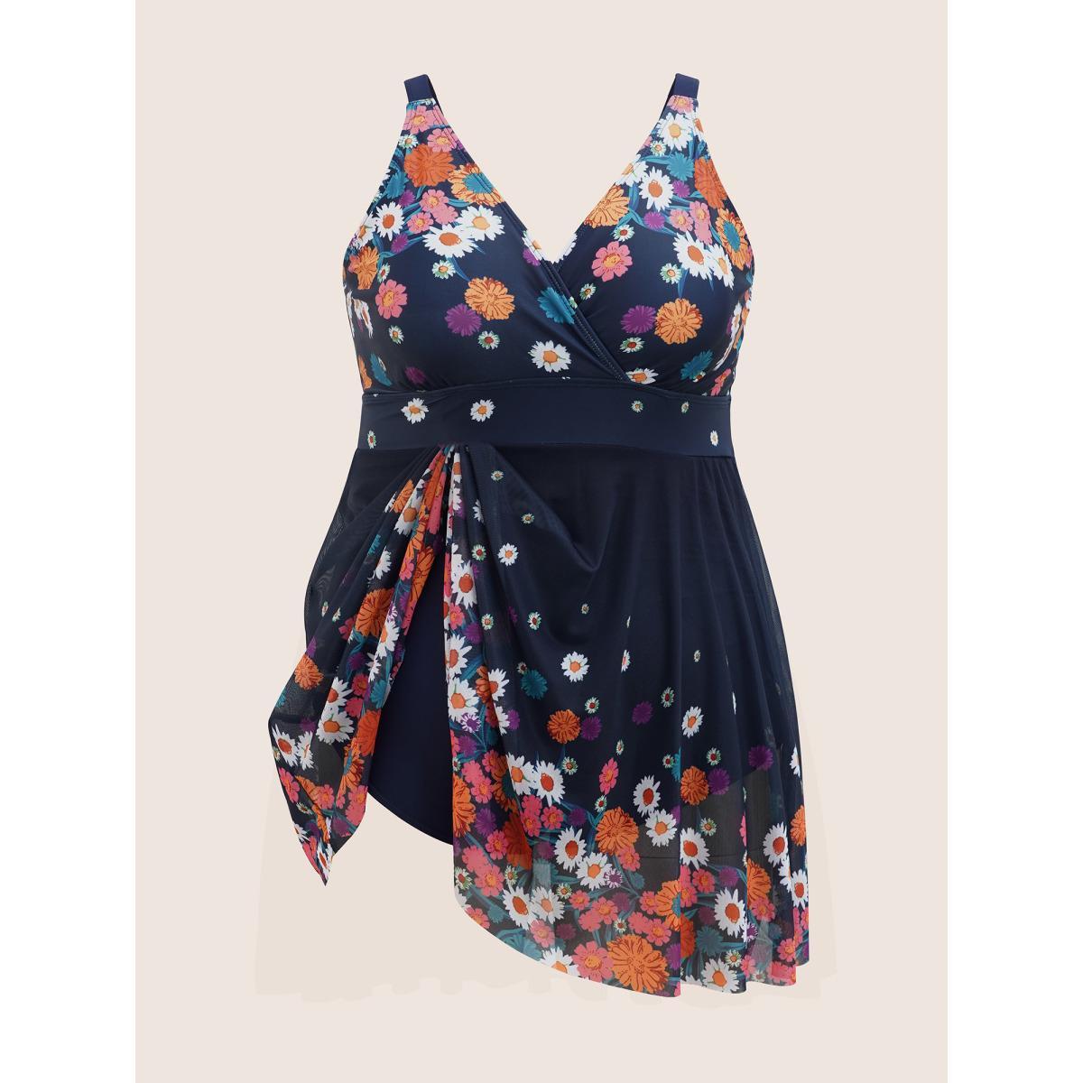 Plus Size Overlap Collar Floral Patchwork Mesh Swim Dress Women's Swimwear Indigo Beach Bodycon Overlap Collar High stretch Curve Swim Dresses BloomChic 30/6X Product Image