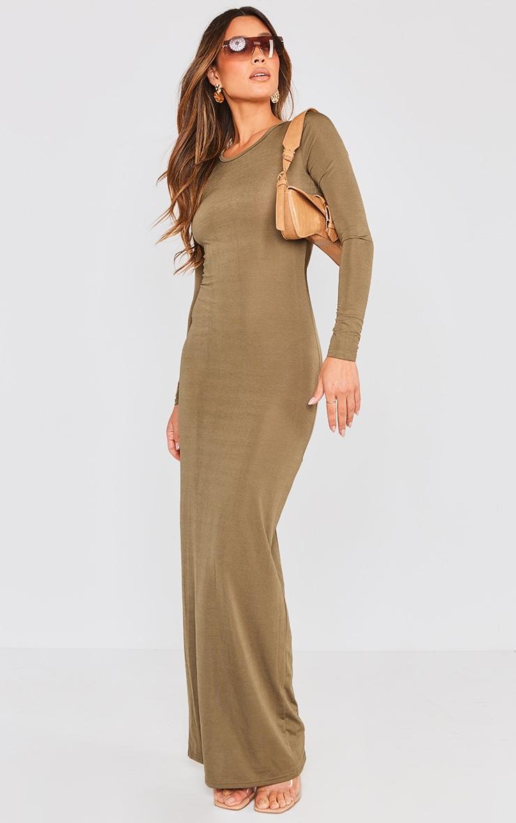  Khaki Long Sleeve Open Back Ruched Detail Maxi Dress Product Image